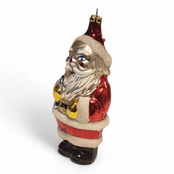 Vintage Blown Glass Santa Ornament Christmas 5.5 Tall, Hand Painted, Blue Cane - Picture 3 of 8